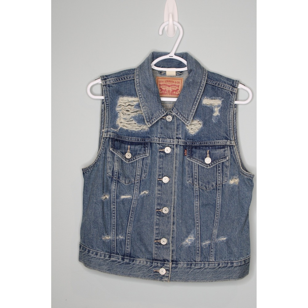 Levis XS Womens‎ Distressed Denim Trucker Vest Medium Sleeveless Festival Jacket